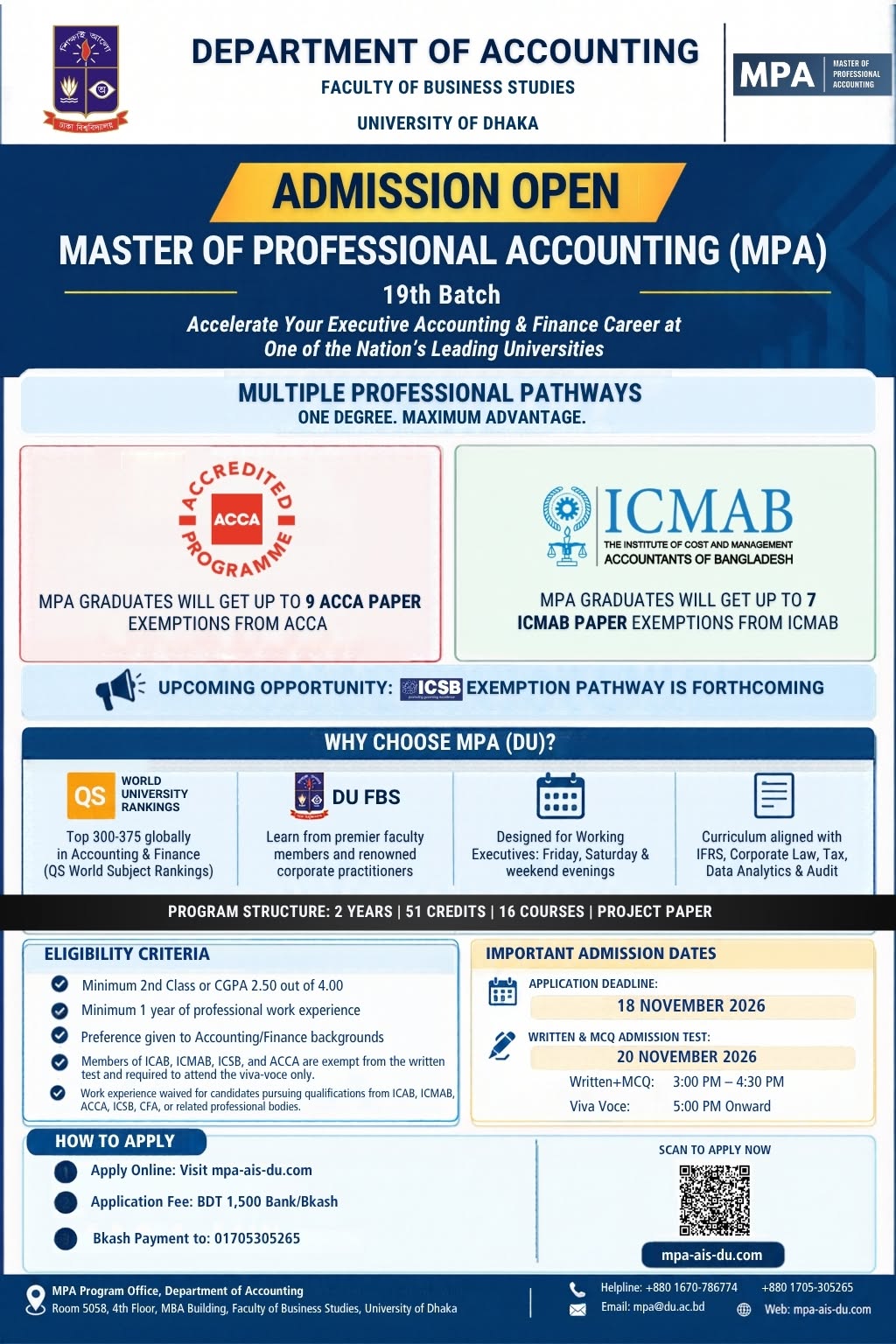 MPA 19th Batch Admission Circular, Department of Accounting & Information Systems, University of Dhaka