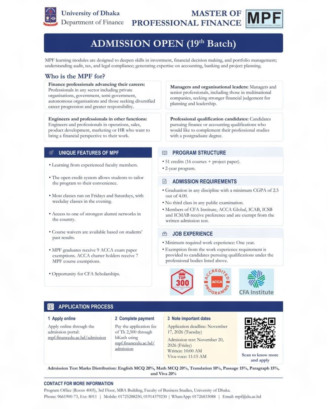 MPF 19th Batch Admission Circular, Department of Finance, University of Dhaka